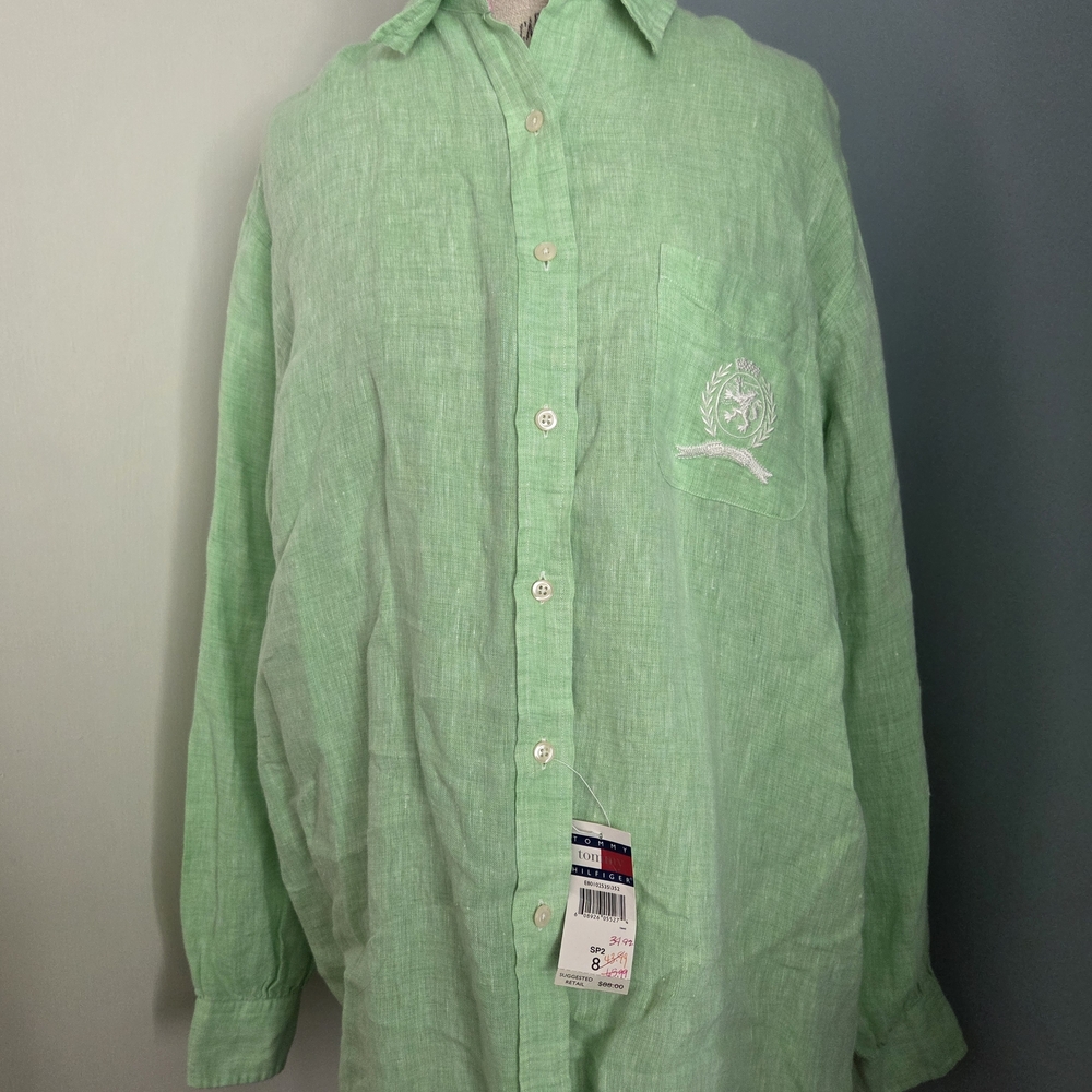 Vtg & NWT Tommy Hilfiger Light Green 100% Linen Top (Cover-up) - Picture 2 of 16